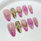 10pcs Rose Pink French Style Press On Nails Hand Carved Flower Gold Pearl Decor False Nails Ice Transparent Almond Fake Nail Tip