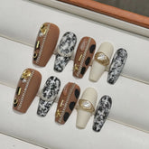 10pcs Handmade Press On Nails Matte Brown Mid-lenght Coffin False Nails Metal Chain Pearl Decor Artificial Fake Nail For Autumn