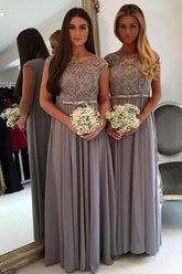 Cheap Scoop Neck Lace and Chiffon Floor Length Long Bridesmaid Dresses