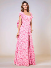 Floral Cap Sleeves Satin Bridesmaid Dress With Back Bow