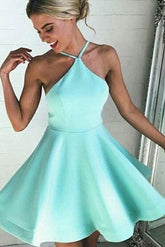 Halter Neckline A-Line Backless Satin Homecoming Dresses Short Prom Dres,