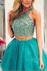 Two Piece Beaded Chiffon Halter Homecoming Dresses Party Dress