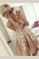 Sequins Beaded Half Sleeves Short Prom Dress, Appliques Sheer Back Homecoming Dress