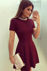 Burgundy High Neck Short Sleeve Keyhole Back Beaded Cheap Homecoming Dress