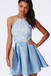 Light Blue Halter Tie Back Appliques Cheap Homecoming Dress, Party Dress