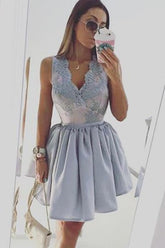 Light Lavender Deep V Neck Appliques Cheap Homecoming Dress, Party Dresses