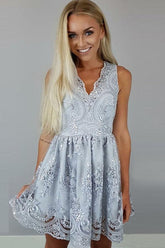 Satin Lace Knee Length A Line V-neck Party Dress, Homecoming Dresses