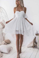 Charming White A-Line Straps High Low Off Shoulder Lace Homecoming Dresses