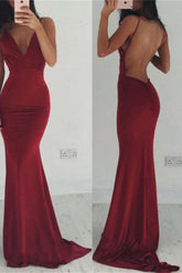 Burgundy Backless Spaghetti Straps V-neck Long Prom Dresses, Evening Dresses
