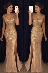 Gold Rhinestone Mermaid See Through Prom Dresses With Beading