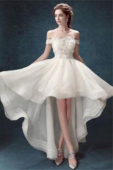 White Organza High Low Off Shoulder Cheap Wedding Dresses