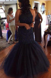 Long Party Prom Dress, Beaded Halter Mermaid Long Prom Dresses,