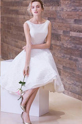 White Simple Lace Short Sleeveless Scoop Neck Prom Dresses, Wedding Party Dress