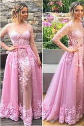 Lavender Floral Long Sleeves Prom Dress, Party Dresses With Appliques