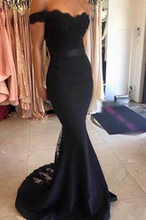 Satin Mermaid Off Shoulder Long Prom Dresses, Party Dresses with Lace