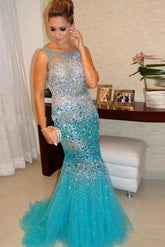 Crystal Beaded Mermaid Straps Long Prom Dresses Evening Dresses