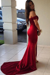 Mermaid Split Satin Off Shoulder Long Prom Dress, Evening Dresses