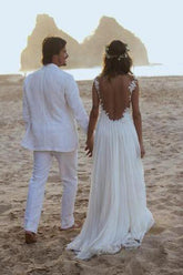 Simple White Chiffon Open Back Straps A-line Wedding Dresses with Appliques