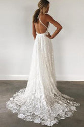 Ivory Lace Open Back Spaghetti Strap Side Split Beach Wedding Dresses