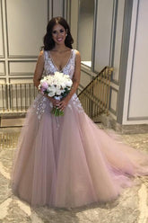 Cheap Tulle V Neck Wedding Dress With Lace Flowers, Nice Bridal Gowns