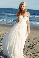 Simple Chiffon Ivory A-line Off Shoulder Summer Beach Wedding Dress