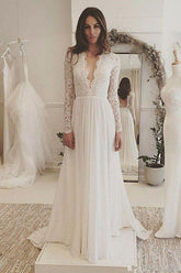Charming Affordable Chiffon Long Sleeve V Neck Formal Long Wedding Dresses