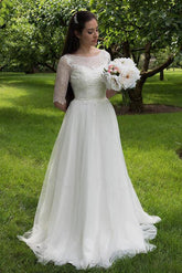 White Lace Bodice Half Sleeves Long Wedding Dresses, Cheap Bridal Gowns