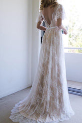 Romantic White Open Back Half Sleeves A-line Lace Long Wedding Dress