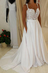 White Sweetheart Lace Top Spaghetti Straps Long Wedding Dresses with Pocket