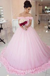 Gorgeous Pink Tulle Off shoulder Ball Gown Wedding Dresses, Quinceanera Dresses