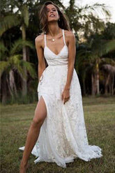 Charming Fashion A-line Lace Spaghetti Straps Long Wedding Dresses, Bridal Gown