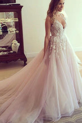 Pink A-line V-neck Sheer Back Long Wedding Dresses with Appliques