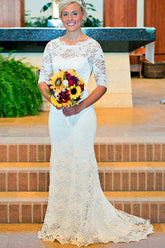 White Mermaid Lace Round Neck Open Back Half Sleeves Wedding Dresses