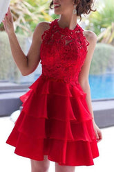 Lace Scoop Neck A-line Chiffon Tiered Homecoming Dress, Short Prom Dresses