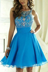 Tulle Beaded Halter Open Back Homecoming Dresses, Junior Short Prom Dress