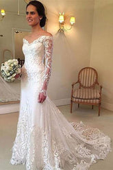 White Long Sleeves Off Shoulder Lace Sweep Train Wedding Dresses