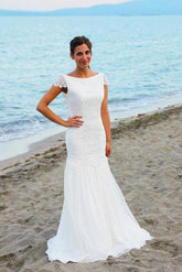 White Cap Sleeves Scoop Neck Open Back Lace Beach Wedding Dresses