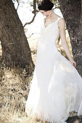 Simple Chiffon Ivory A-line V-neck Floor Length Beach Wedding Dresses