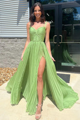 Twist-Front Pleated Prom Dress with Slit