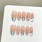 10pcs Flash Sequins Cat's Eye Press On Nails Sweet Almond Korean False Nail With Bows Pearl Decor Mint Green French Fake Nails