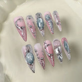 10pcs Long Ballet Press On Nails Gradient Pink Silver Baroque Metal Style Handmade False Nails Sweet Cool Almond Fake Nail Tips