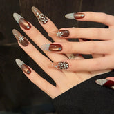 10pcs Handmade Press On Nails Full Shimmery Diamond French Style Light Luxury False Nails Brown Cat's Eye Almond Fake Nail Tips