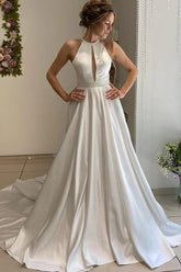 Satin A-line Halter Backless Wedding Dress, Bridal Gown With Beaded Belt