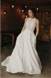 Satin A-line Halter Lace Wedding Dresses With Sweep Train, Bridal Gown