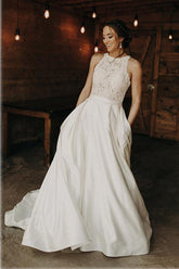 Satin A-line Lace Illusion Halter Neck Wedding Dresses With Sweep Train