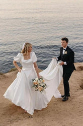 Satin A-line Square Neckline Short Sleeves Beach Weeding Dresses