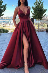 Satin A-line V-neck Spaghetti Straps Long Prom Dresses With High Split