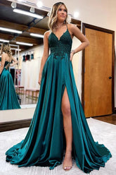 Satin A-line V-neck Spaghetti Straps Prom Dresses With Slit, Party Dress