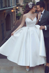Satin A-line V-neck Spaghetti Straps Short Wedding Dresses with Appliques