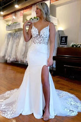 Satin Mermaid Lace Appliques Wedding Dresses With Slit, Bridal Gowns